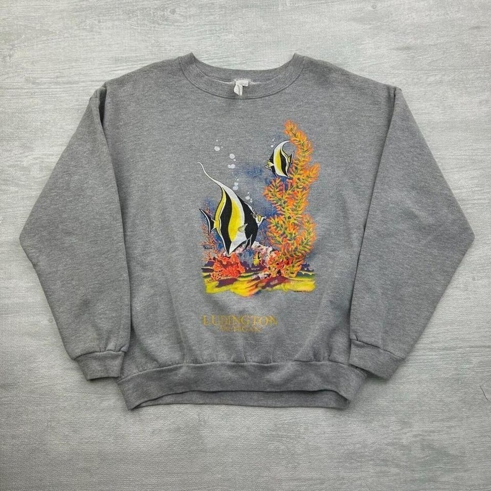 Vintage Ludington Michigan Sweatshirt Adult XL Gray Tropical Fish Coral Reef